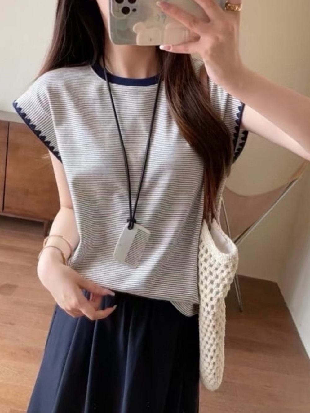 Korean Striped Cap-Sleeve Knit Top